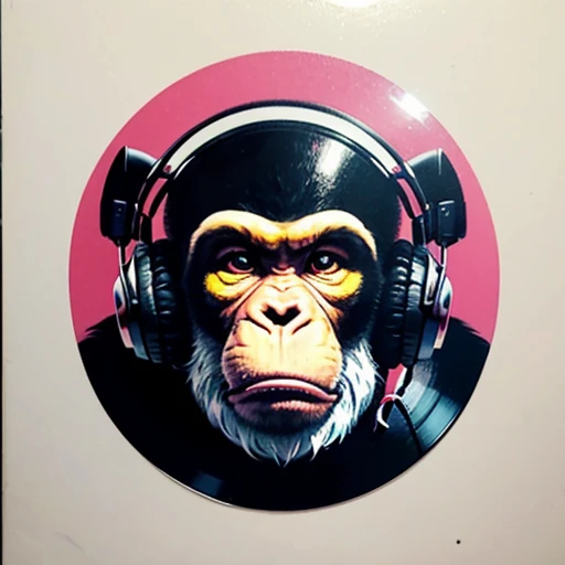 (best quality,highres),round vinyl album sticker,ape with a doubting face,monkey,big ears,mohawk hairstyle,Dj headphones below the face,transparent background,colorful,eye-catching,vibrant,vintage style,cartoonish,retro vibes