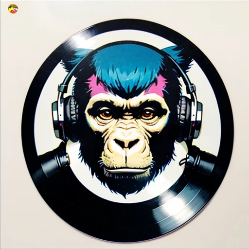 (best quality,highres),round vinyl album sticker,ape with a doubting face,monkey,big ears,mohawk hairstyle,Dj headphones below the face,transparent background,colorful,eye-catching,vibrant,vintage style,cartoonish,retro vibes