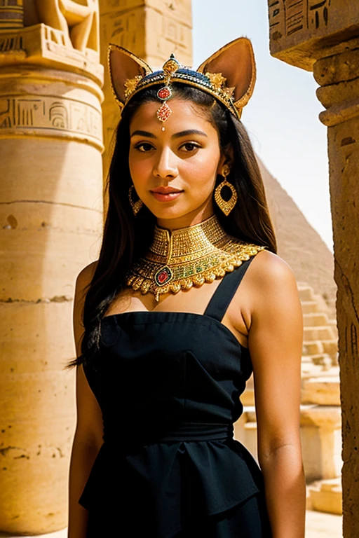 ((best quality)), ((chef-d&#39;artwork)), (detailed), femme avec visage parfait, cat head goddess Bastet; Ancient Egyptian Queen Dress, bijoux precieux, couronne antique pharaon; The Cheops pyramid in the background; Peplum film effect; dim light;