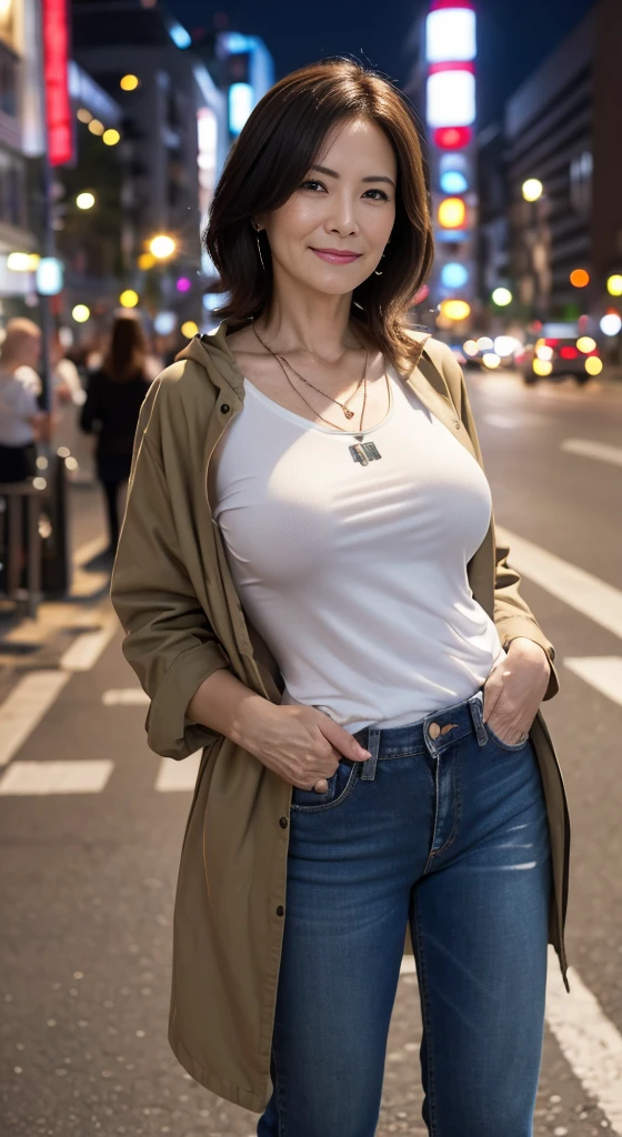 masterpiece, best quality, 16K, city, old woman, happy, smiling, standing, looking at viewer, front view, long hair, wave hair, black hair, eyes open, (large breasts:1.32), (wrinkles corners eyes:1.48), (nasolabial:1.48), (old skin:1.48), pale skin, freckled skin, wrinkles skin, (old muscles:1.2), plump, ((khaki parka)), (white t-shirt), (jeans), piercing, necklace, boots, 50-year-old, old, elderly, japanese, outside, in the city, at night, real person, ultra realistic photo, nsfw, full body shot, front view