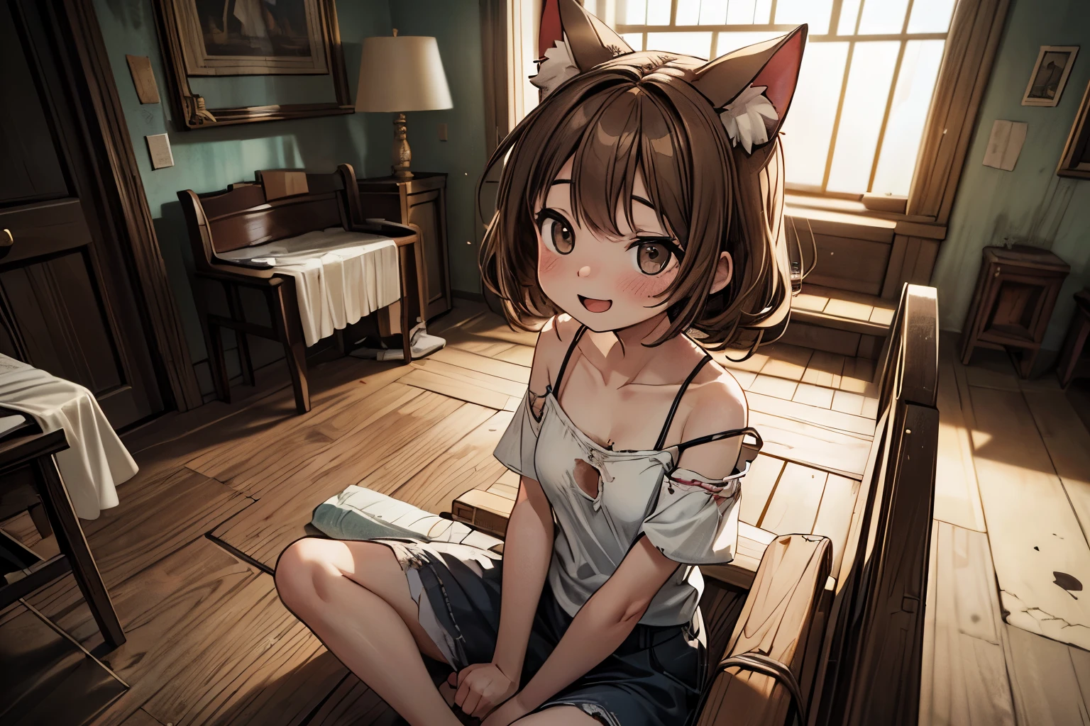 ((Masterpiece)), (High Definition:1.3), (Professional Photography), (Photorealsitic:1.3), 8K, from super low-angle, wide shot, cinematic lighting, very messy hair, (Sitting in entrance of the pure clean church), (exposed small breast), badly tattered and torn camisole, oversized dirty white-camisole, Slender small breasts, (smile and open big mouth), slum townscape, Textured skin, cat ears, pale brown hair, Cute Beautiful girl