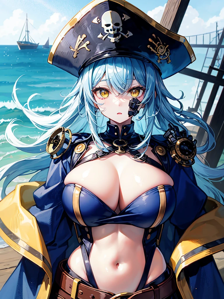 (((masterpiece、Highest image quality、highest quality、highly detailed unity 8kwallpaper)))、((Illustration of one girl、upper body))、(((beautiful girl)))、(female pirate)、(Light light blue hair、short ponytail:1.2、yellow eyes)、(((Right hand is a prosthetic hand、steampunk prosthetic arm)))、((tall))、bulky figure, massive frame, thick neck, sturdy arms, powerful legs、(captain's suit、Pirate hat、Blue coat)、pier