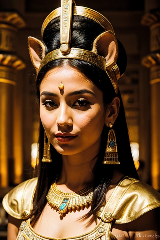 ((best quality)), ((chef-d'artwork)), (detailed), femme avec visage parfait, cat head goddess Bastet; Ancient Egyptian Queen Dress, bijoux precieux, couronne antique pharaon; The Cheops pyramid in the background; Peplum film effect; dim light;