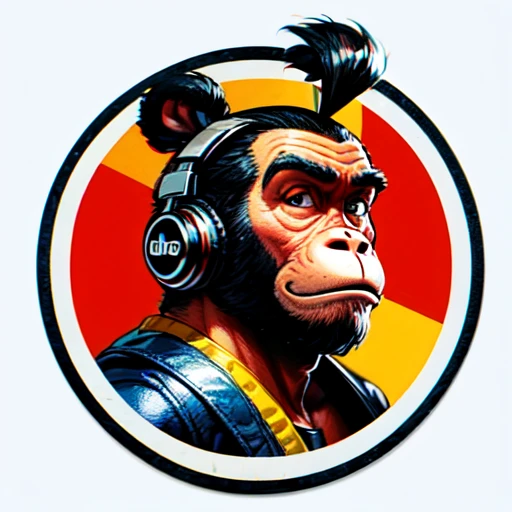 (best quality,highres),round vinyl album sticker,ape with a doubting face,monkey,big ears,mohawk hairstyle,Dj headphones below the face,transparent background,colorful,eye-catching,vibrant,vintage style,cartoonish,retro vibes