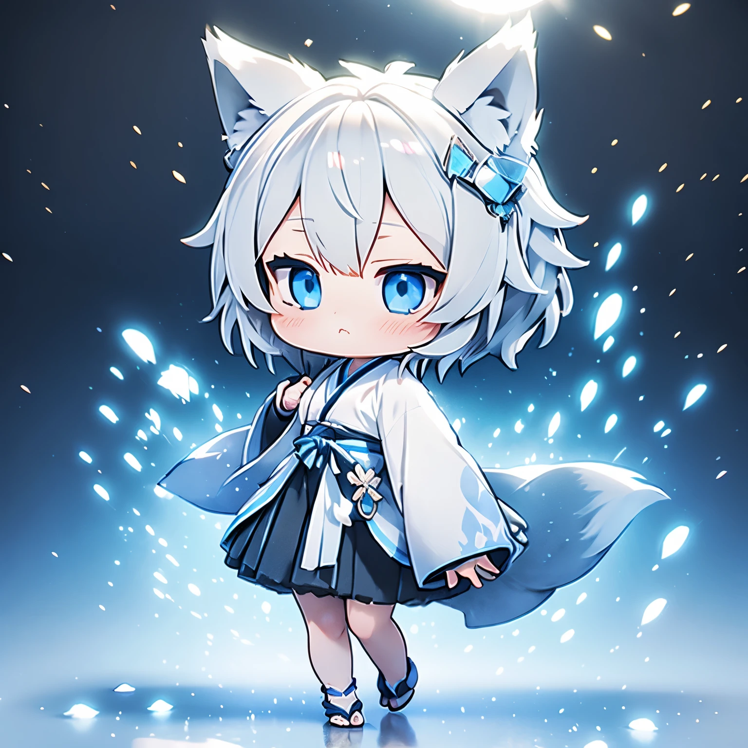 (((chibi 3d)))wolf girl, short hair, silver hair, wolf ears, blue eyes, Detached long sleeves, white kimono, wolf tail, diffused sunlight, Depth of bounds written, particles of light, strong wind,
blue sky, shrine, petals fall, face focus