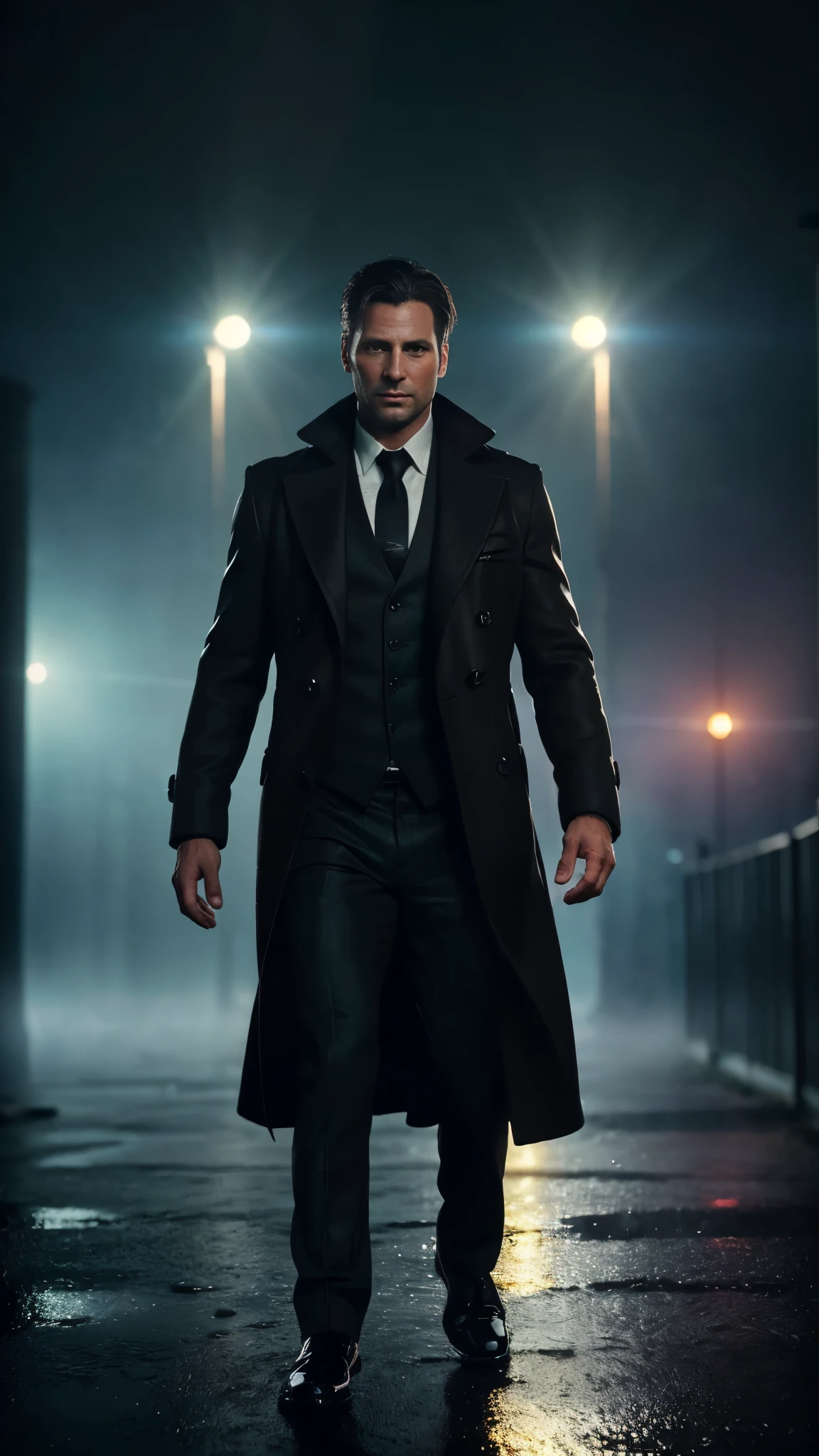 ( (Character: Alan Wake, 40 years old, police, serious expression, shoulder length windswept hair, strong body) (Clothing: dark brown overcoat, Tie, black pants, brown social shoes) (Pose: full body shot:1.7, dynamic pose) (blurry, intense urban lights in background) (Style: ((masterpiece:1.5)), (face detailed), photo-realistic:1.3, hyperrealistic, foggy, high contrast, shiny skin, soft lighting, backlighting, bloom, light sparkles, chromatic aberration) Rain drops effect on entire frame. 