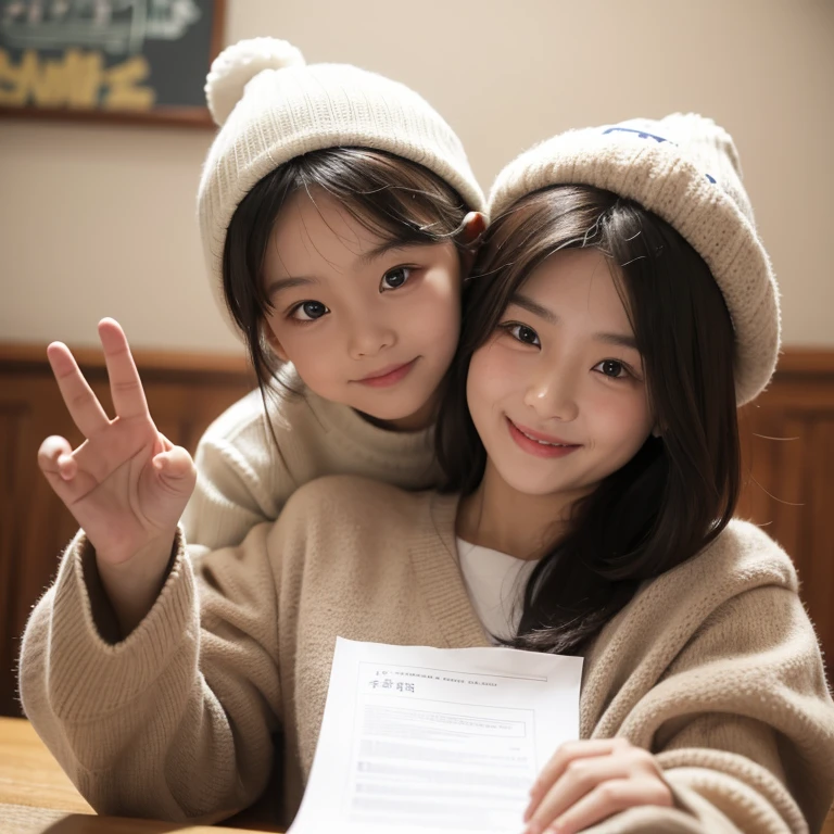 Chinese children,Child wearing woolen hat,It looks very cute。The child holds up the paper with both hands,The score on the paper is 100 points,Children show off test papers to the camera,The children laughed very happily。Behind him are parents,not wearing a hat,Smiling very happily。The background of the room is the festive atmosphere of the New Year。