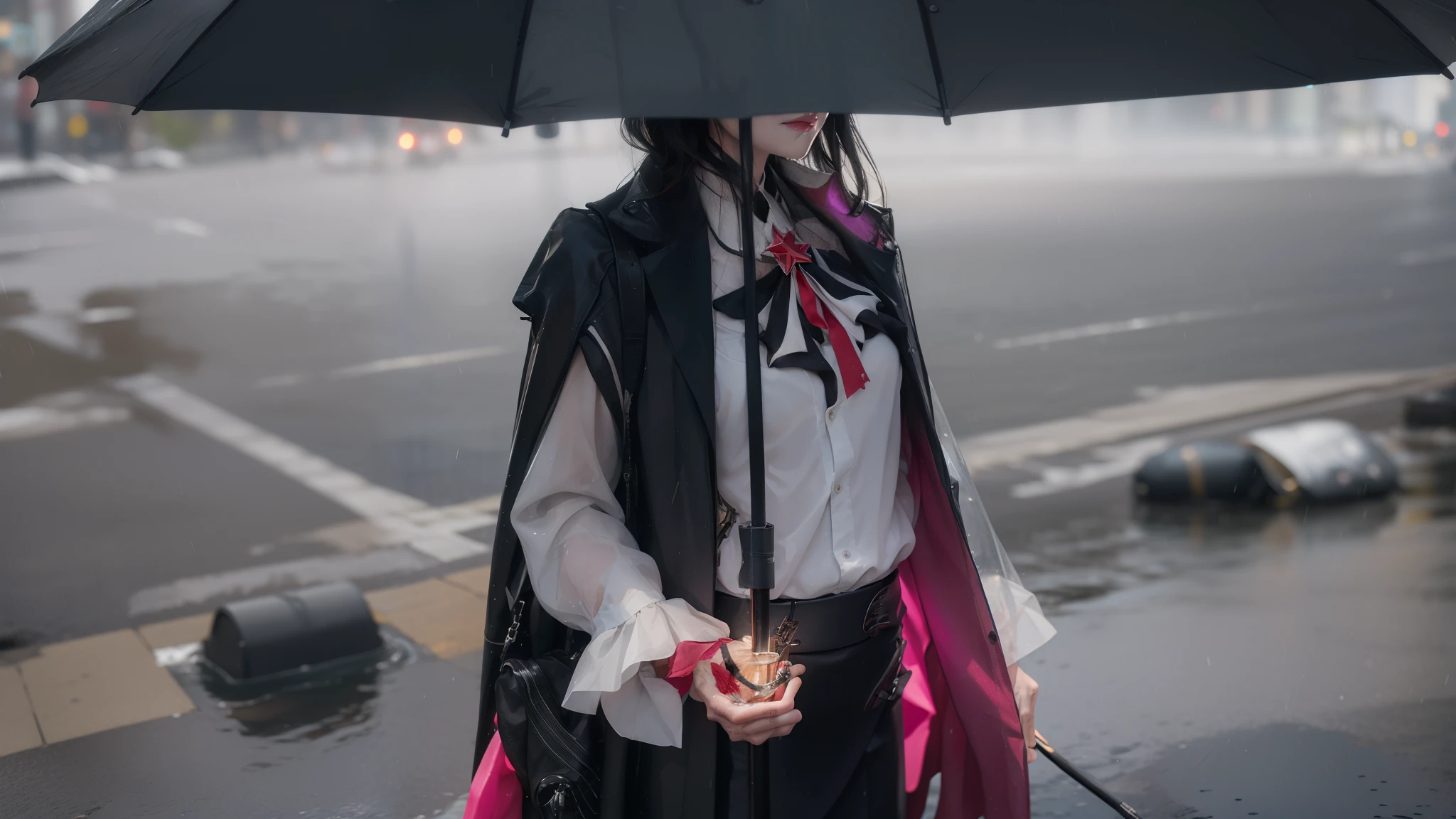 ((Kafka_HONKAI STAR RAIL)),((realistic, photorealistic)),(highlight hair)), Light reflection, (( HD )),((upper body)), (((best quality, masterpiece))), (masterpiece) (best quality) (detail) (8k) (HDR) (wallpaper) (cinematic lighting) (sharp focuasterpiece, best quality: 1.1), 1men solo, KAFKA, shadow,back light,rain,Black umbrella,Background of city streets, heavy rain, puddles of water