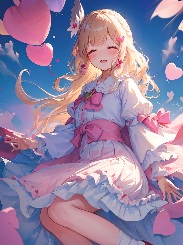 Photo Realistic, (masterpiece, best quality: 1.4), (8k, raw photo, photo realistic: 1.2), detailed skin, detailed face, 1girl, idol, cute face, , Not Safe for Work, ((from side))), (FULL Body), looking away,
1 girl in, length hair, blonde hair, closed eyes, laughing, (shiny wavy hair)), diadems, (((to chest, on side))), ((own hands clasped)), white frilled dresses, frilled skirt, shortsleeves, the bow hair, (hair ornament:1.6)), red blush, frilled doress, bangss, absurdly long hair:1.2, volume hair, masterpiece, top quality, not safe for work, 17 yo, white high heels, (pink fluffy cape), ((beautiful regs)), looking down,
yumekawa, yumekawaii, pastel color, ((heart background:1.5, imagination))), ight particle effect, ((hair blowing in the wind)), (dreamy ambiance: 1.4), colorful heart balloons, hearts:1.5, ( (hearts background)), (blue background), perfect hand's, perfect fingers, bubbles,