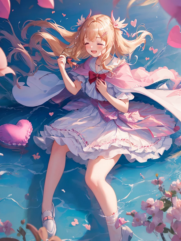 Photo Realistic, (masterpiece, best quality: 1.4), (8k, raw photo, photo realistic: 1.2), detailed skin, detailed face, 1girl, idol, cute face, , Not Safe for Work, ((from side))), (FULL Body), looking away,
1 girl in, length hair, blonde hair, closed eyes, laughing, (shiny wavy hair)), diadems, (((to chest, on side))), ((own hands clasped)), white frilled dresses, frilled skirt, shortsleeves, the bow hair, (hair ornament:1.6)), red blush, frilled doress, bangss, absurdly long hair:1.2, volume hair, masterpiece, top quality, not safe for work, 17 yo, white high heels, (pink fluffy cape), ((beautiful regs)), looking down,
yumekawa, yumekawaii, pastel color, ((heart background:1.5, imagination))), ight particle effect, ((hair blowing in the wind)), (dreamy ambiance: 1.4), colorful heart balloons, hearts:1.5, ( (hearts background)), (blue background), perfect hand's, perfect fingers, bubbles,