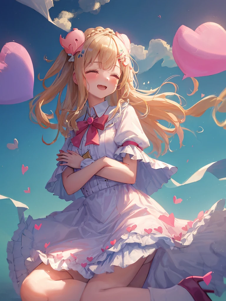 Photo Realistic, (masterpiece, best quality: 1.4), (8k, raw photo, photo realistic: 1.2), detailed skin, detailed face, 1girl, idol, cute face, , Not Safe for Work, ((from side))), (FULL Body), looking away,
1 girl in, length hair, blonde hair, closed eyes, laughing, (shiny wavy hair)), diadems, (((to chest, on side))), ((own hands clasped)), white frilled dresses, frilled skirt, shortsleeves, the bow hair, (hair ornament:1.6)), red blush, frilled doress, bangss, absurdly long hair:1.2, volume hair, masterpiece, top quality, not safe for work, 17 yo, white high heels, (pink fluffy cape), ((beautiful regs)), looking down,
yumekawa, yumekawaii, pastel color, ((heart background:1.5, imagination))), ight particle effect, ((hair blowing in the wind)), (dreamy ambiance: 1.4), colorful heart balloons, hearts:1.5, ( (hearts background)), (blue background), perfect hand's, perfect fingers, bubbles,