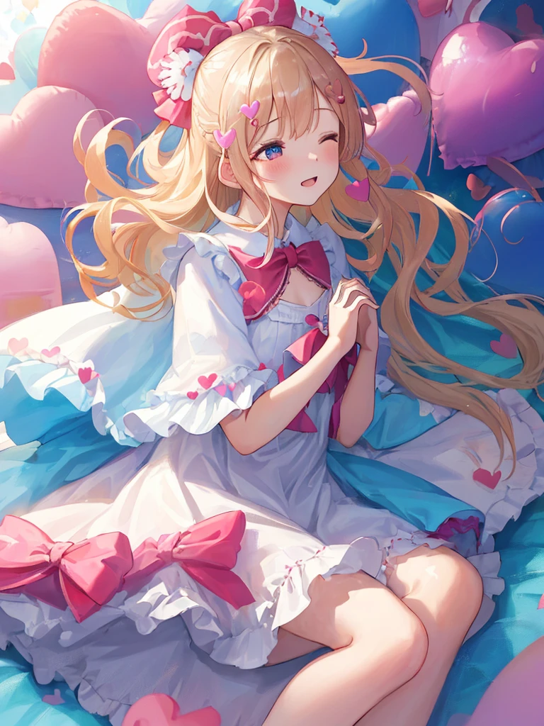 Photo Realistic, (masterpiece, best quality: 1.4), (8k, raw photo, photo realistic: 1.2), detailed skin, detailed face, 1girl, idol, cute face, , Not Safe for Work, ((from side))), (FULL Body), looking away,
1 girl in, length hair, blonde hair, closed eyes, laughing, (shiny wavy hair)), diadems, (((to chest, on side))), ((own hands clasped)), white frilled dresses, frilled skirt, shortsleeves, the bow hair, (hair ornament:1.6)), red blush, frilled doress, bangss, absurdly long hair:1.2, volume hair, masterpiece, top quality, not safe for work, , white high heels, (pink fluffy cape), ((beautiful regs)), looking down,
yumekawa, yumekawaii, pastel color, ((heart background:1.5, imagination))), ight particle effect, ((hair blowing in the wind)), (dreamy ambiance: 1.4), colorful heart balloons, hearts:1.5, ( (hearts background)), (blue background), perfect hand's, perfect fingers, bubbles,