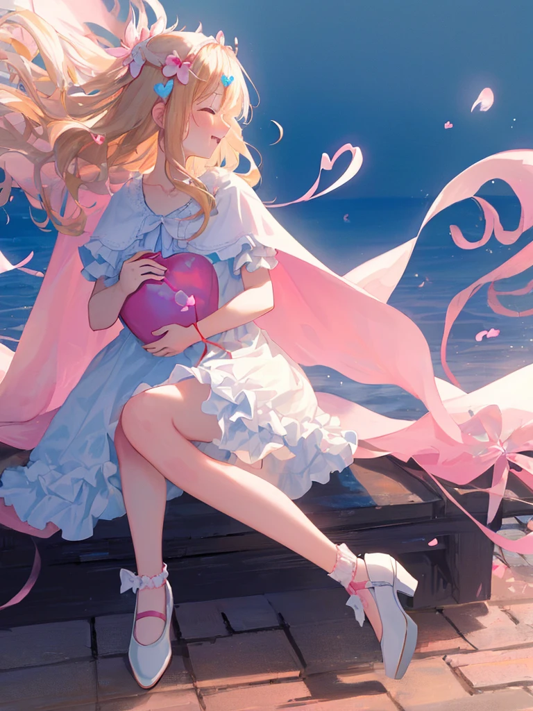 Photo Realistic, (masterpiece, best quality: 1.4), (8k, raw photo, photo realistic: 1.2), detailed skin, detailed face, 1girl, idol, cute face, , Not Safe for Work, ((from side))), (FULL Body), looking away,
1 girl in, length hair, blonde hair, closed eyes, laughing, (shiny wavy hair)), diadems, (((to chest, on side))), ((own hands clasped)), white frilled dresses, frilled skirt, shortsleeves, the bow hair, (hair ornament:1.6)), red blush, frilled doress, bangss, absurdly long hair:1.2, volume hair, masterpiece, top quality, not safe for work, 17 yo, white high heels, (pink fluffy cape), ((beautiful regs)), looking down,
yumekawa, yumekawaii, pastel color, ((heart background:1.5, imagination))), ight particle effect, ((hair blowing in the wind)), (dreamy ambiance: 1.4), colorful heart balloons, hearts:1.5, ( (hearts background)), (blue background), perfect hand's, perfect fingers, bubbles,