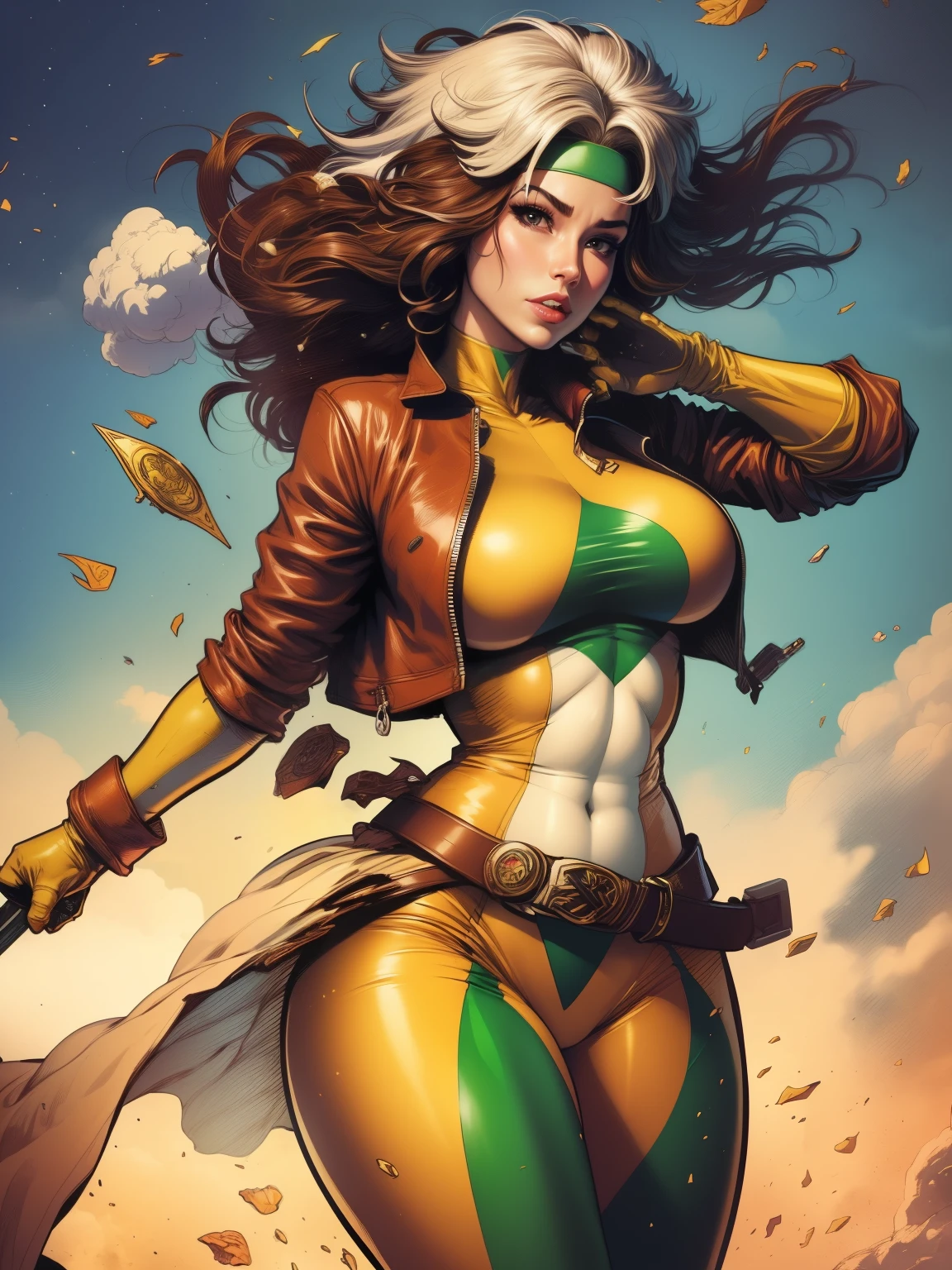 (((COMIC STYLE, CARTOON ART))), cinematic. 01 girl, solo, lonly, A comic-style image of Rogue member of the X-Men in dynamic pose.  A woman with brown hair with a white streak, green eyes and special gloves.  She is flying in the sky, with clouds in the background.  She wears her traditional attire with a brown leather jacket.(((Slim Hot body, sexy, sensual, camel toes ))), (((Camel Toes))). Detailed, detailed face, intricate, glowing. Cinematic background.