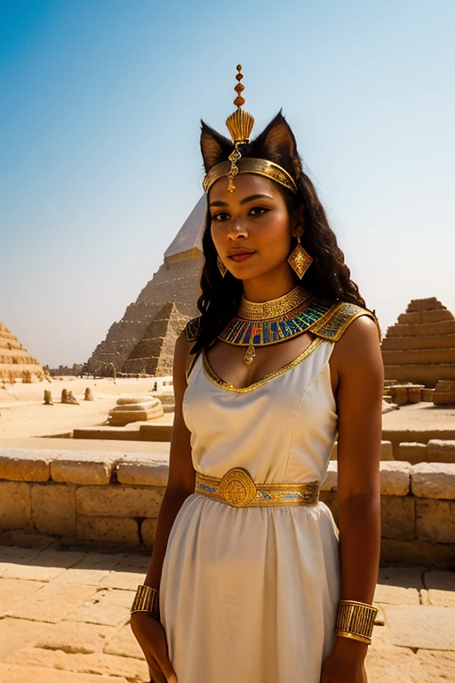 ((best quality)), ((chef-d'artwork)), (detailed), femme avec visage parfait, cat head goddess Bastet; Ancient Egyptian Queen Dress, bijoux precieux, couronne antique pharaon; The Cheops pyramid in the background; Peplum film effect; dim light;