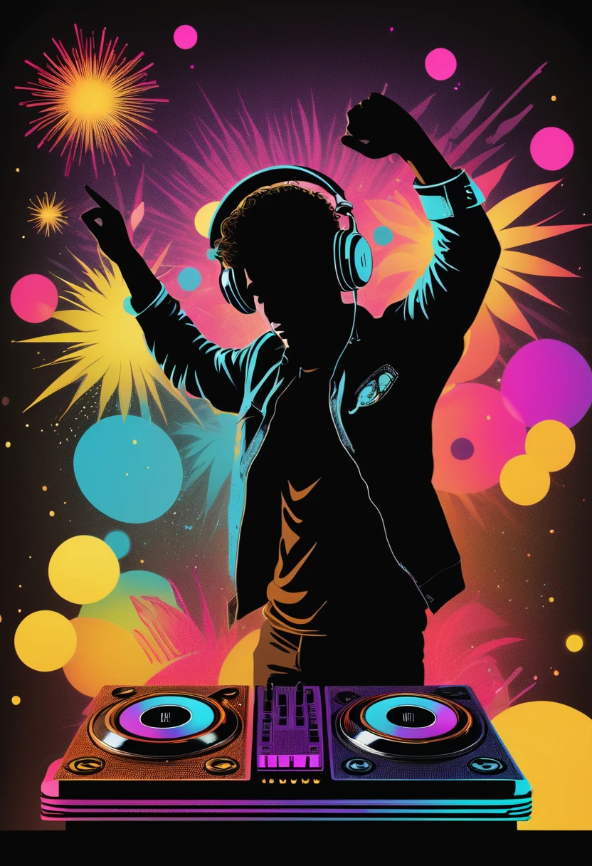 (best quality,highres:1.2),silhouette of a retro DJ on a 80's disco,colorful background,Vaporwave Aesthetic style and zentangle style,blurred,zentangle style,black,brown, crunch it, make it outstanding, the best emotive silhouette ever, sparkles, musical explosions, flying musical notes, magical, thanks. By Tupu...lol...