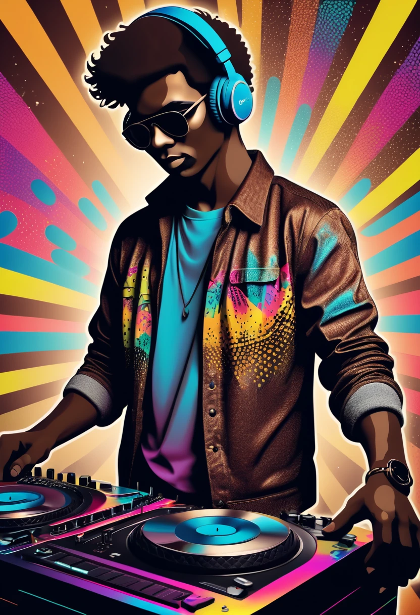 (best quality,highres:1.2),silhouette of a retro DJ on a 80's disco,colorful background,Vaporwave Aesthetic style and zentangle style,blurred,zentangle style,black,brown, crunch it, make it outstanding, the best emotive silhouette ever, sparkles, musical explosions, flying musical notes, magical, thanks. By Tupu...lol...