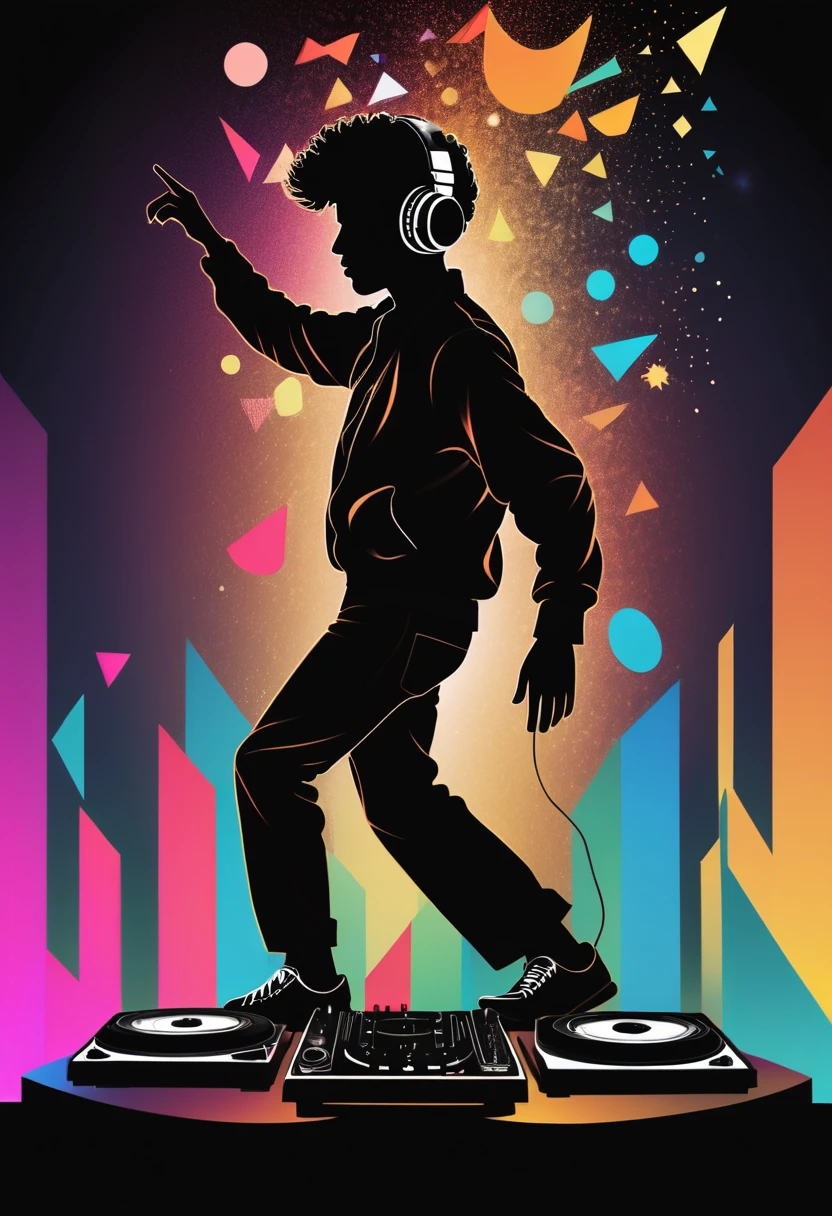 (best quality,highres:1.2),silhouette of a retro DJ on a 80's disco,colorful background,Vaporwave Aesthetic style and zentangle style,blurred,zentangle style,black,brown, crunch it, make it outstanding, the best emotive silhouette ever, sparkles, musical explosions, flying musical notes, magical, thanks. By Tupu...lol...