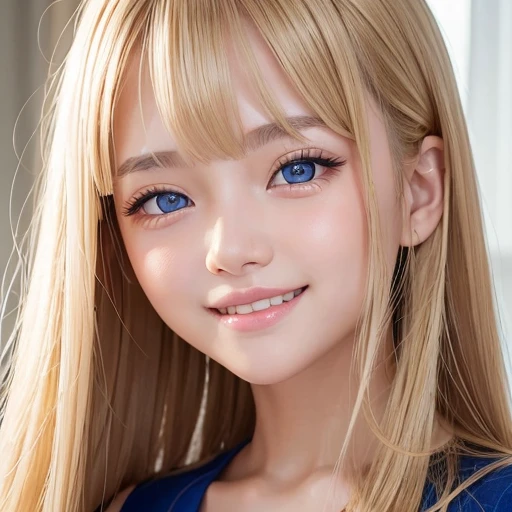 1 girl、smooth skin、(((happy smile)))、gaze towards the viewer、cute girl with beautiful face、(10 year old girl)、Real Girl、long eyelashes 、Delicate、colored contact lenses、very fine eyes、(thin eyebrows)、very very detailed face、((brunette tousled hair))、Beautiful super long straight silky hair shining dazzling golden color、bright look、blonde girl posing、long golden bangs between the eyes of the eyes,、fair skin with glossy skin、pink cheeks、shiny cheeks、Real Girl、Beautiful girl in shining golden platinum blonde、Beautiful big bright blue eyes