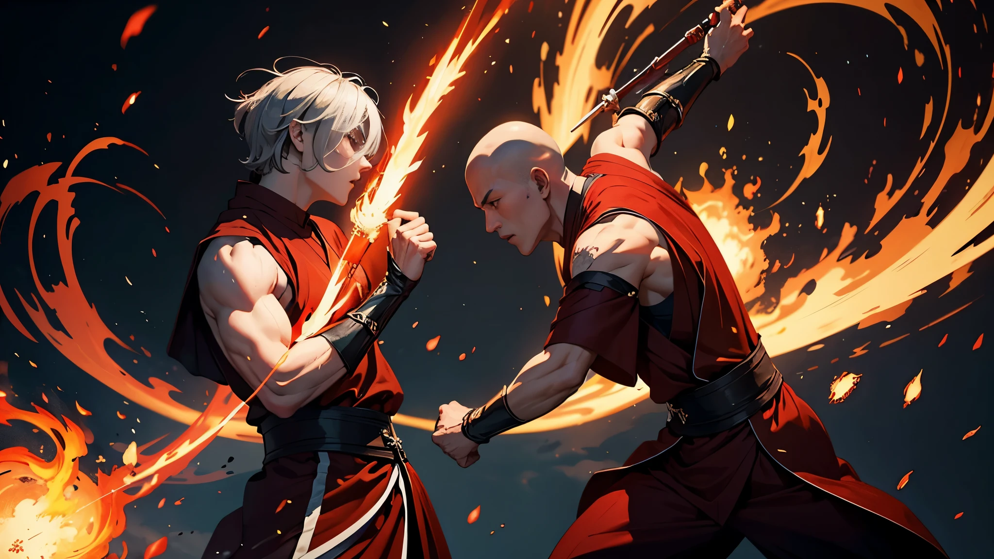 Imagine two monks fighting one with power on darkness and one with power on light, red and White flame, no blur , clear face, high resolution