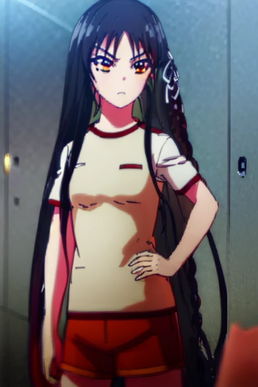 Suzune Horikita, suzune horikita, long hair, black hair, (red eyes:1.3), hair ribbon, Braid,
break shirt, white shirt, short sleeve, shorts, Gym suit, red shorts, gym shirt, gym shorts,
break indoors, classroom,
break looking at viewer, (cowboy shot:1.5),
break (masterpiece:1.2), highest quality, High resolution, unity 8k wallpaper, (figure:0.8), (beautiful and fine eyes:1.6), highly detailed face, perfect lighting, Very detailed CG, (perfect hands, perfect anatomy),