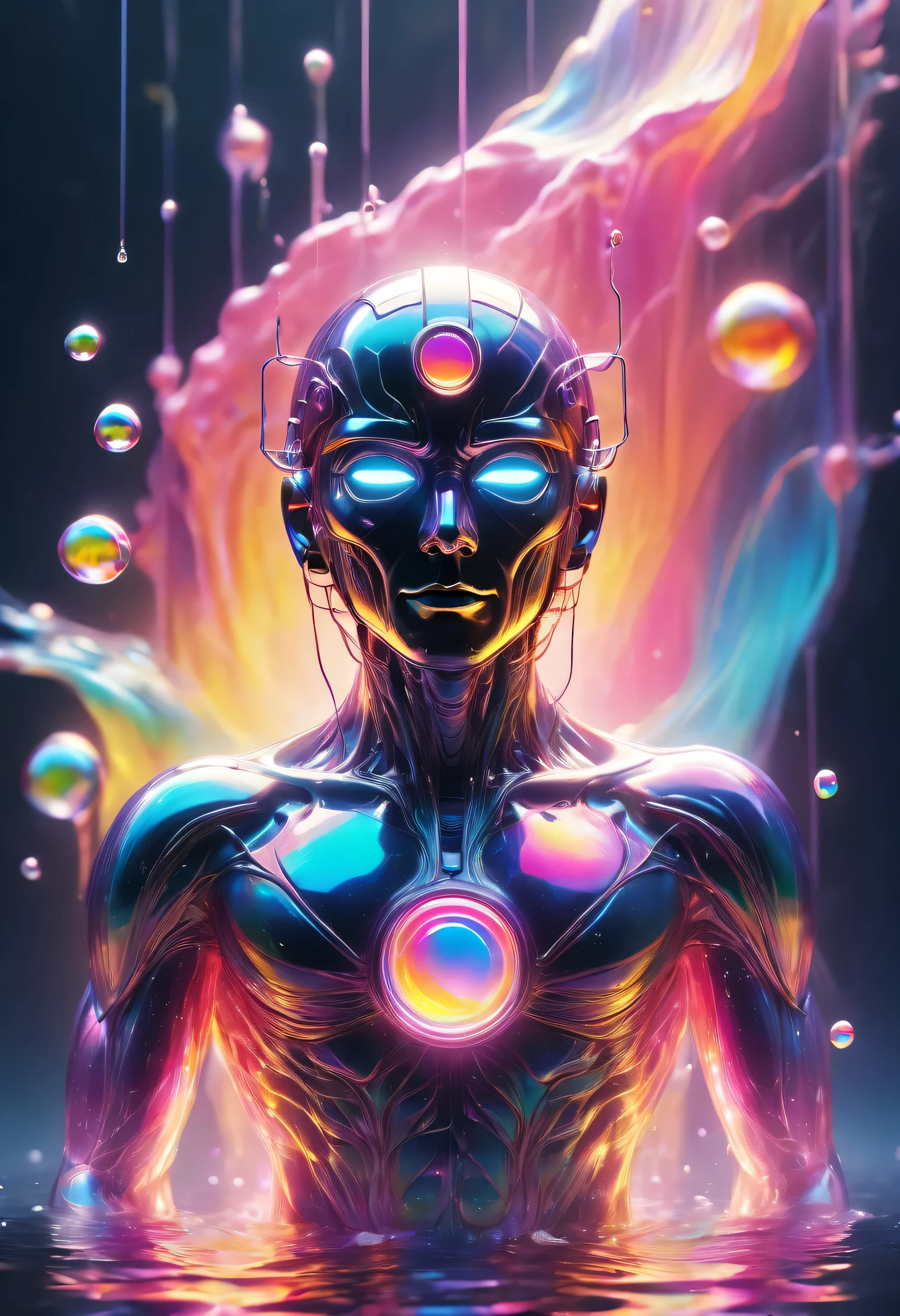 Portrait of colorful metal man emerging from water，neon gradient，vaporwave，（Laser colorful light waves），Metal refraction，many liquid bubbles、Colorful gradient geometric art and other elements，The collision of future elements and retro elements、recombination。Exaggerated artistic expression，concept art, vaporwave美学/vaporwave美学/vaporwave aesthetic