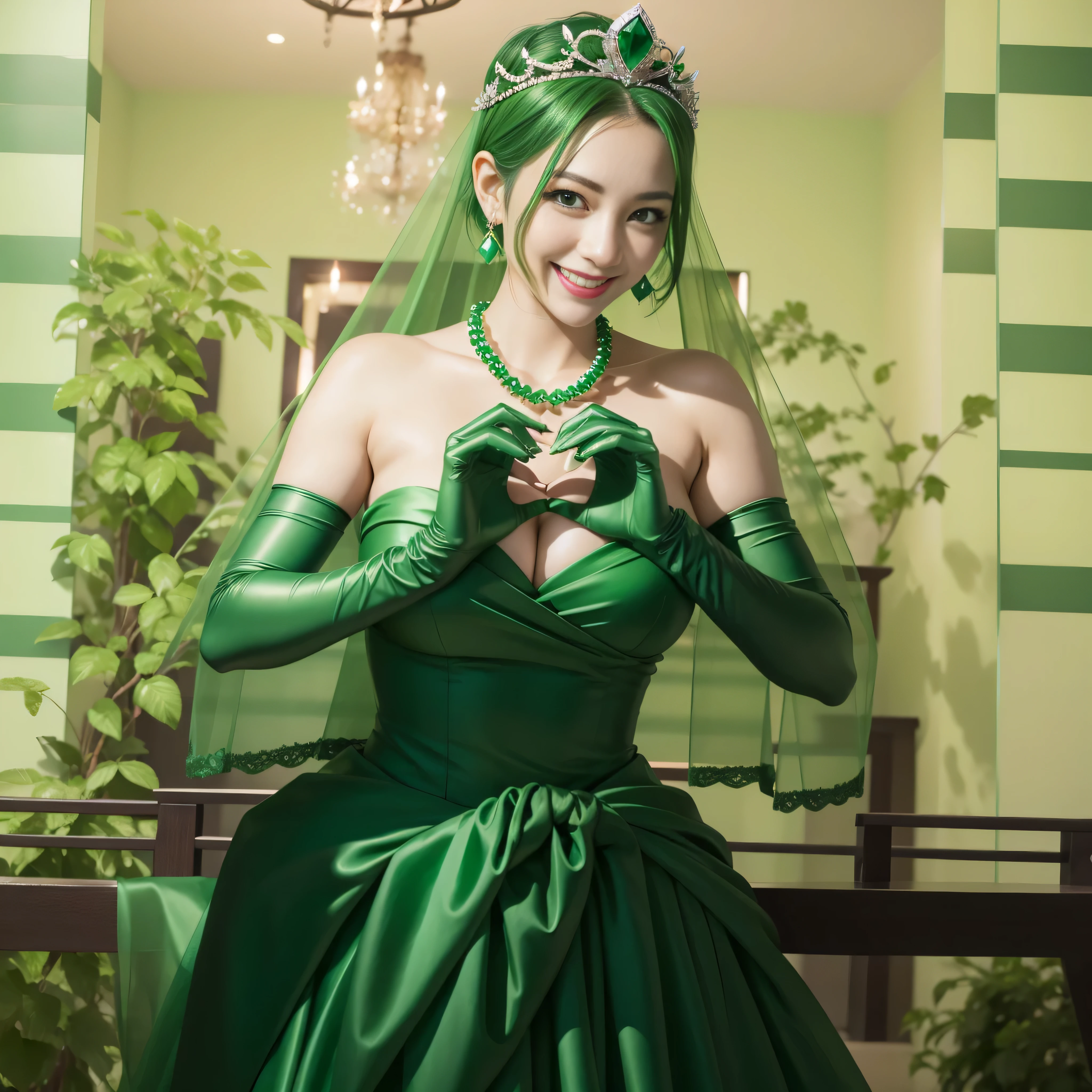 emerald tiara, green pearl necklace, ボーイッシュな非常に短いgreen hair, lipstick, smiling Japanese woman, very short hair, Beauty with large breasts, green eyes, Long Green Satin Gloves, green eyes, emerald earrings, green veil, heart with both hands, green hair, beautiful japanese woman, heart shaped hand:1.3