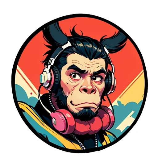 (best quality,highres),round vinyl album sticker,ape with a doubting face,monkey,big round ears,mohawk hairstyle,Dj headphones floating below the face,transparent background,colorful,eye-catching,vibrant,vintage style,cartoonish,retro vibes