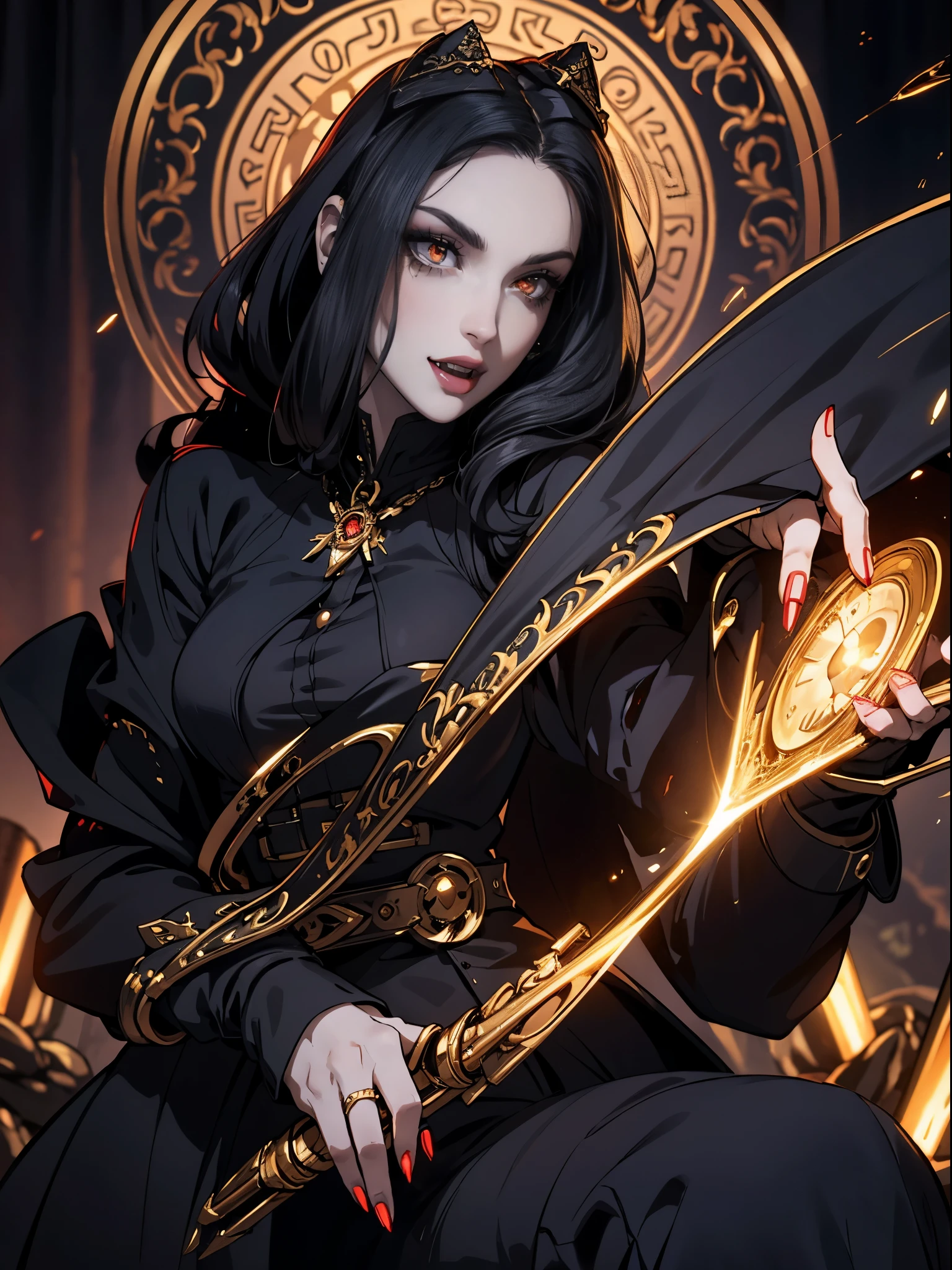 Pale face, High vampire female, goth Renaissance, Black hair, gold dress, intricate, glowing eyes, fantastical, vampire, fangs, hyper detailed, 32k resolution, volumetric lighting, hyper detailed, intricately detailed, Unreal Engine 5, volumetric lighting