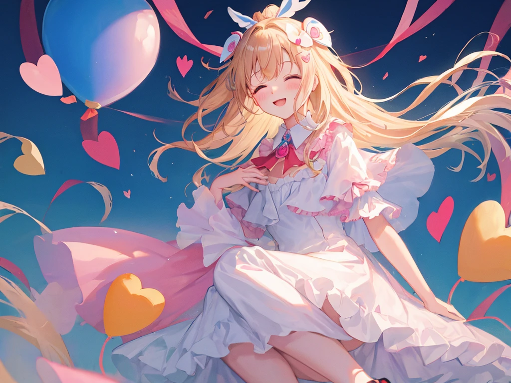 Photo Realistic, (masterpiece, best quality: 1.4), (8k, raw photo, photo realistic: 1.2), detailed skin, detailed face, 1girl, idol, cute face, , Not Safe for Work, ((from side))), (FULL Body), looking away,
1 girl in, length hair, blonde hair, closed eyes, laughing, (shiny wavy hair)), diadems, (((to chest, on side))), ((own hands clasped)), white frilled dresses, frilled skirt, shortsleeves, the bow hair, (hair ornament:1.6)), red blush, frilled doress, bangss, absurdly long hair:1.2, volume hair, masterpiece, top quality, not safe for work, 17 yo, white high heels, (pink fluffy cape), ((beautiful regs)), looking down,
yumekawa, yumekawaii, pastel color, ((heart background:1.5, imagination))), ight particle effect, ((hair blowing in the wind)), (dreamy ambiance: 1.4), colorful heart balloons, hearts:1.5, ( (hearts background)), (blue background), perfect hand's, perfect fingers, bubbles,