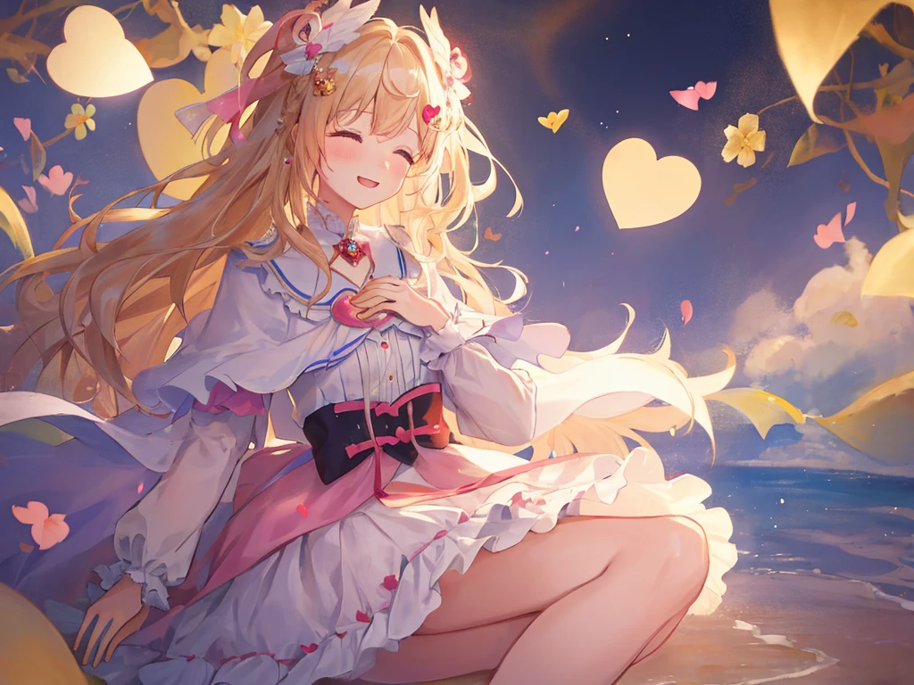 Photo Realistic, (masterpiece, best quality: 1.4), (8k, raw photo, photo realistic: 1.2), detailed skin, detailed face, 1girl, idol, cute face, , Not Safe for Work, ((from side))), (FULL Body), looking away,
1 girl in, length hair, blonde hair, closed eyes, laughing, (shiny wavy hair)), diadems, (((to chest, on side))), ((own hands clasped)), white frilled dresses, frilled skirt, shortsleeves, the bow hair, (hair ornament:1.6)), red blush, frilled doress, bangss, absurdly long hair:1.2, volume hair, masterpiece, top quality, not safe for work, 17 yo, white high heels, (pink fluffy cape), ((beautiful regs)), looking down,
yumekawa, yumekawaii, pastel color, ((heart background:1.5, imagination))), ight particle effect, ((hair blowing in the wind)), (dreamy ambiance: 1.4), colorful heart balloons, hearts:1.5, ( (hearts background)), (blue background), perfect hand's, perfect fingers, bubbles,