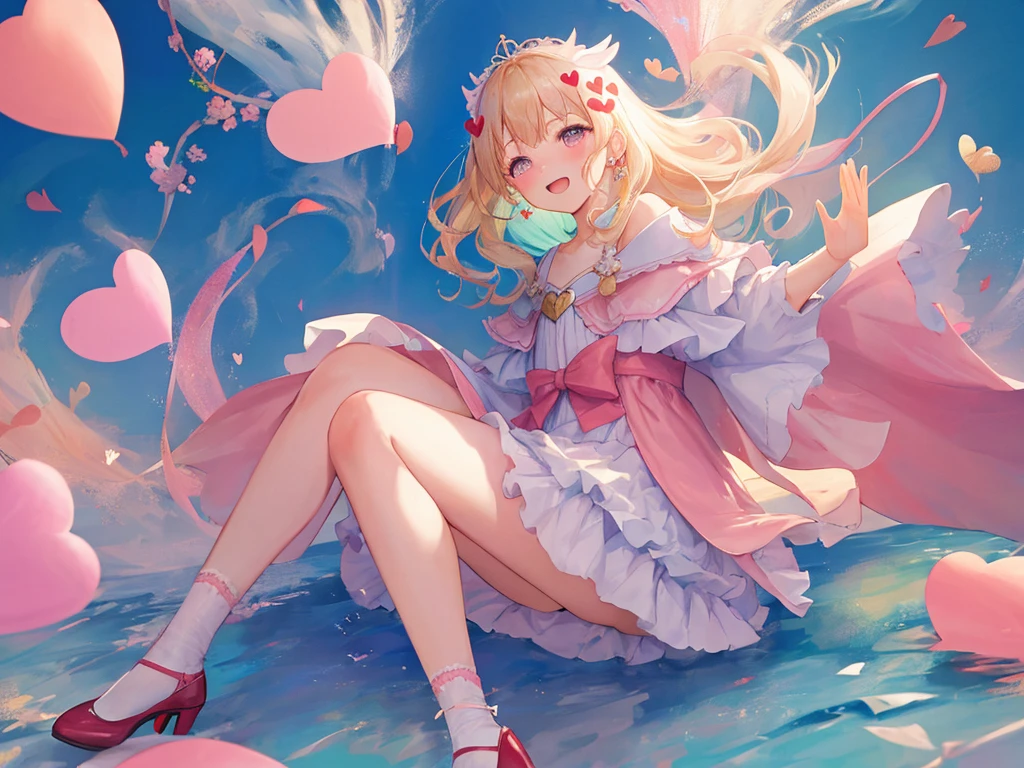 Photo Realistic, (masterpiece, best quality: 1.4), (8k, raw photo, photo realistic: 1.2), detailed skin, detailed face, 1girl, idol, cute face, , Not Safe for Work, ((from side))), (FULL Body), looking away,
1 girl in, length hair, blonde hair, closed eyes, laughing, (shiny wavy hair)), diadems, (((to chest, on side))), ((own hands clasped)), white frilled dresses, frilled skirt, shortsleeves, the bow hair, (hair ornament:1.6)), red blush, frilled doress, bangss, absurdly long hair:1.2, volume hair, masterpiece, top quality, not safe for work, 17 yo, white high heels, (pink fluffy cape), ((beautiful regs)), looking down,
yumekawa, yumekawaii, pastel color, ((heart background:1.5, imagination))), ight particle effect, ((hair blowing in the wind)), (dreamy ambiance: 1.4), colorful heart balloons, hearts:1.5, ( (hearts background)), (blue background), perfect hand's, perfect fingers, bubbles,