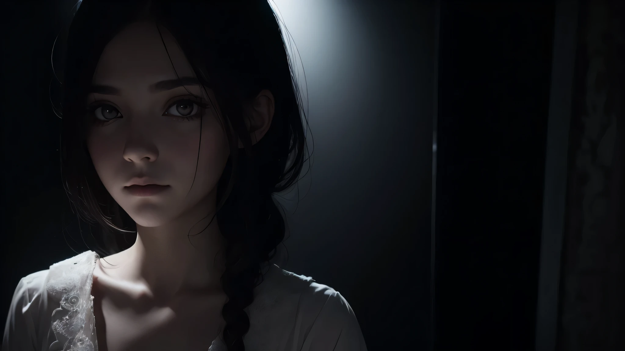 Jeune femelle, yeux blancs, Dark Hair, robe blanche, Wraith, mort, fermer, Affronter, DARK ambient light, couloir, light on Affronter