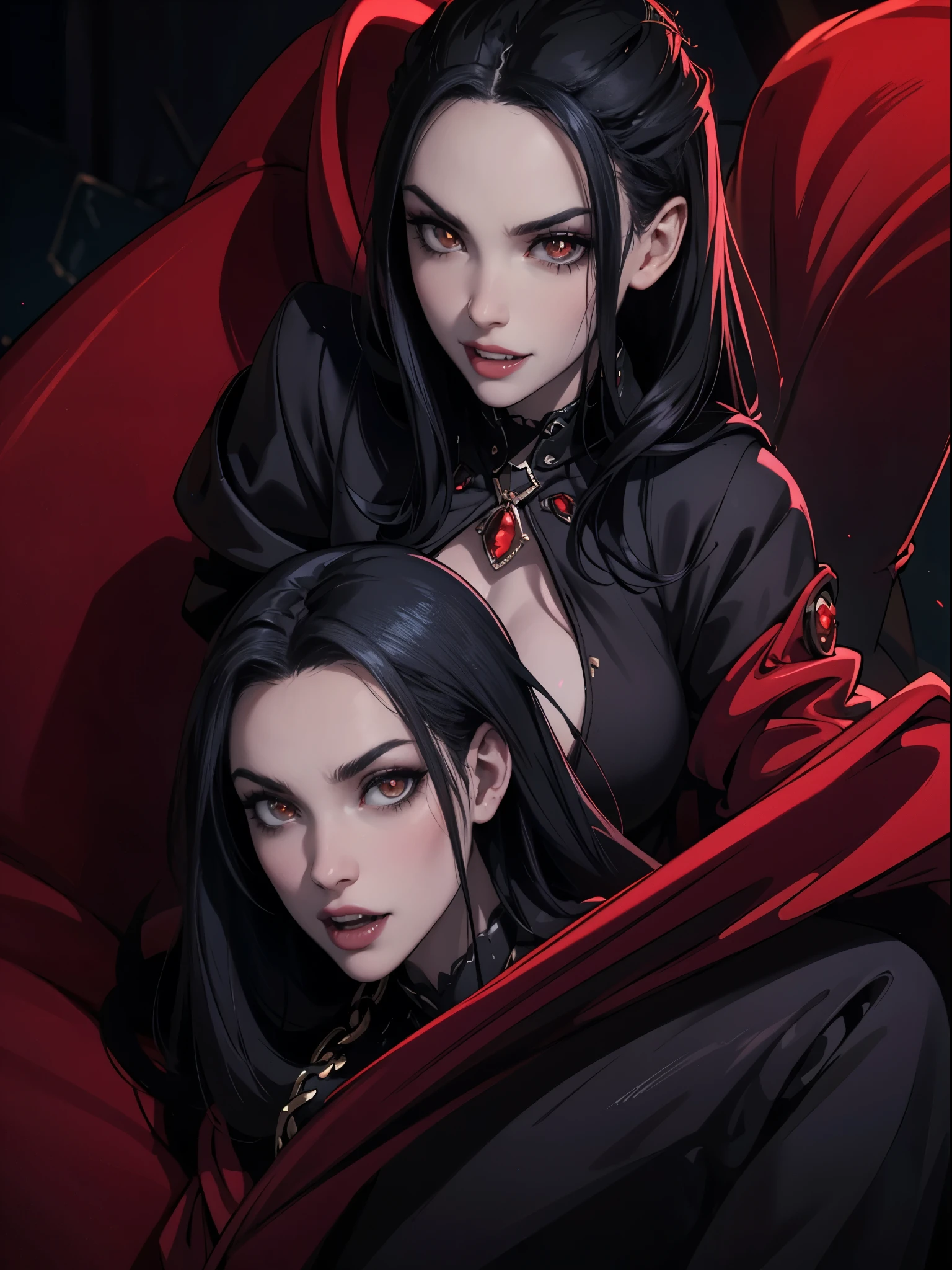 Pale face, High vampire female, goth Renaissance, Black hair, black dress, intricate, glowing eyes, fantastical, vampire, fangs, hyper detailed, 32k resolution, volumetric lighting, hyper detailed, intricately detailed, Unreal Engine 5, volumetric lighting