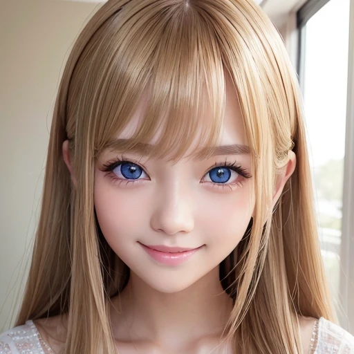 1 girl、smooth skin、(((happy smile)))、gaze towards the viewer、cute girl with beautiful face、（10 year old girl）、Real Girl、long eyelashes 、Delicate、colored contact lenses、very fine eyes、（thin eyebrows）、very very detailed face、((brunette tousled hair))、Beautiful super long straight silky hair shining dazzling golden color、bright look、blonde girl posing、long golden bangs between the eyes of the eyes,、fair skin with glossy skin、pink cheeks、shiny cheeks、Real Girl、Beautiful girl in shining golden platinum blonde、Beautiful big bright blue eyes