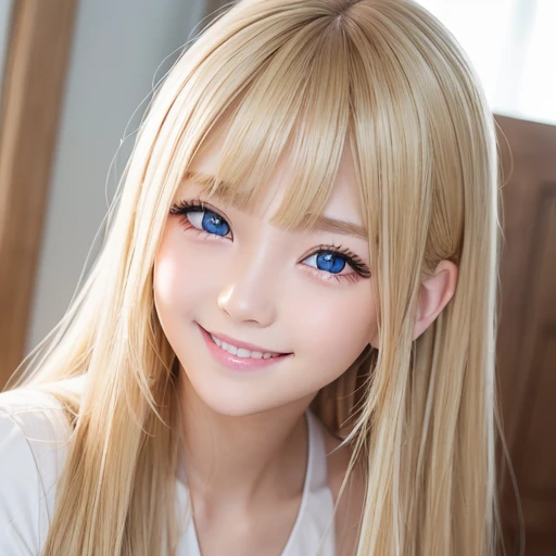 1 girl、smooth skin、(((happy smile)))、gaze towards the viewer、cute girl with beautiful face、（10 year old girl）、Real Girl、long eyelashes 、Delicate、colored contact lenses、very fine eyes、（thin eyebrows）、very very detailed face、((brunette tousled hair))、Beautiful super long straight silky hair shining dazzling golden color、bright look、blonde girl posing、long golden bangs between the eyes of the eyes,、fair skin with glossy skin、pink cheeks、shiny cheeks、Real Girl、Beautiful girl in shining golden platinum blonde、Beautiful big bright blue eyes