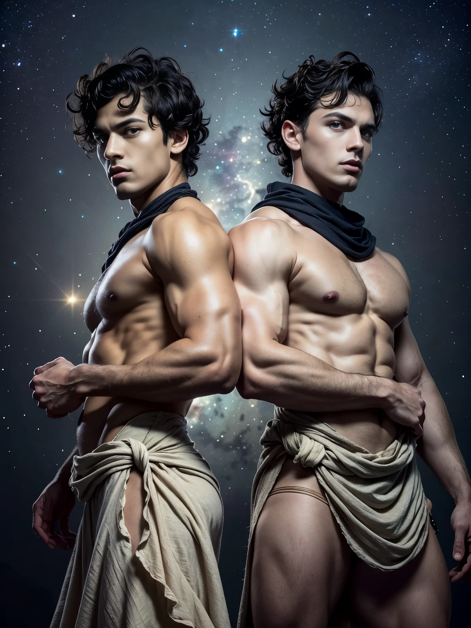 Photorealistic, ((best quality)), ((masterpiece)), (detailed),masculine portrait of geminis, personificatioin of GEMINIS, (idenitcal twins:1.3), alike twins, looking exactly the same twins, Twiblings, shirtless, barechested, muscule, ripped, strong body, fit body, brothers, highlands scotland, green fields, constellations, Mercury, galaxies, 8k, high detailed, ultra-detailed, Stylish Pose, real skin texture, dark cinematic lighting, 18-year-old male twins models, handsome, tall, cute looking twins, evil look, dark look, powerful, 2 young identical male twins, handsome models, super strong, muscular, fit, massive muscles, six pack, clean shave, blue eyes. short curly messy brown hair, messy curly hair, ancient linen Greek small skirt, linen antique draped cloth skirt, ancient outerspace, constellation, galaxies, stars in the background