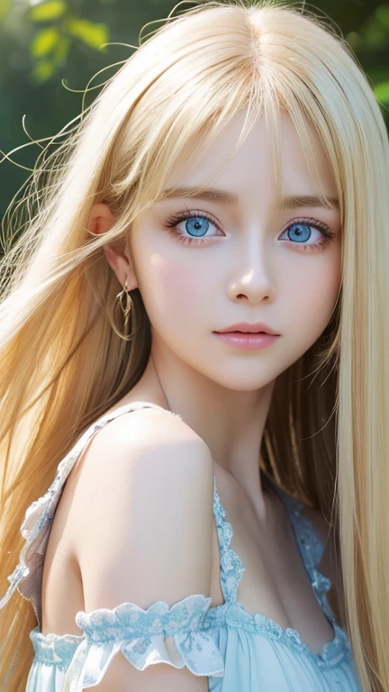 highest quality、masterpiece、ultra high resolution、(photorealistic:1.4)、1 girl、shoulder、Charm、look at the camera、A very beautiful girl with very long blonde hair、Very beautiful bright and shining light blue big eyes、very big eyes、small face beautiful girl、White, bright and young beautiful skin、cheek gloss highlight、long bangs between the eyes,