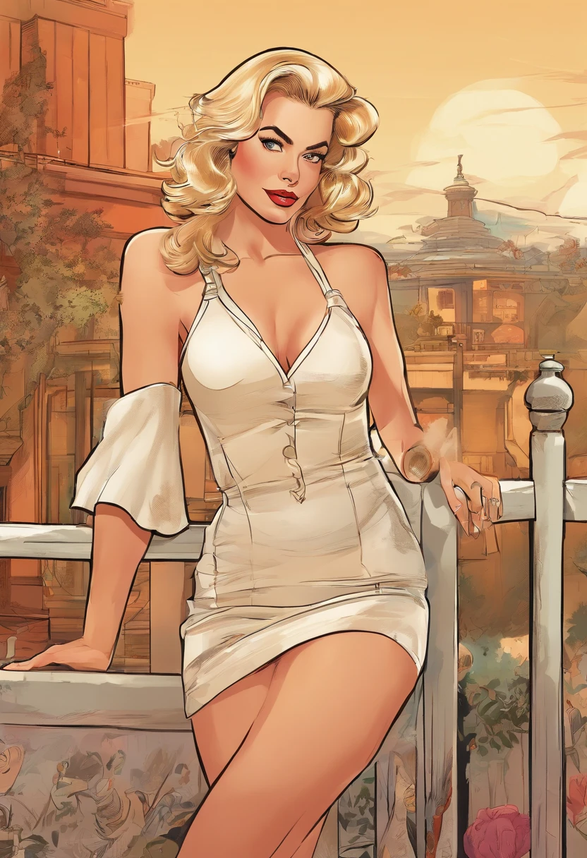 Margot Robbie, vintage pinup, looking to observer,sheer beige fence dress, light Brown stockings, white neutral scenario