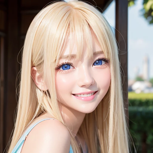 1 girl、smooth skin、(((happy smile)))、gaze towards the viewer、cute girl with beautiful face、（10 year old girl）、long eyelashes 、Delicate、colored contact lenses、very fine eyes、（thin eyebrows）、very very detailed face、Beautiful super long straight silky hair shining dazzling golden color、bright look、blonde girl posing、long golden bangs between the eyes of the eyes,、fair skin with glossy skin、pink cheeks、shiny cheeks、Real Girl、Beautiful girl in shining golden platinum blonde、Beautiful big bright blue eyes