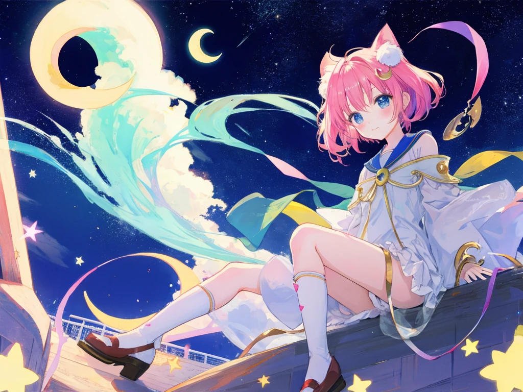 dream、Cute  sitting on the crescent moon、An illustration、anime、