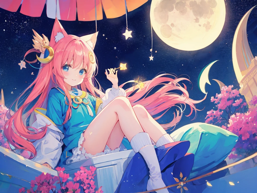 dream、Cute  sitting on the crescent moon、An illustration、anime、