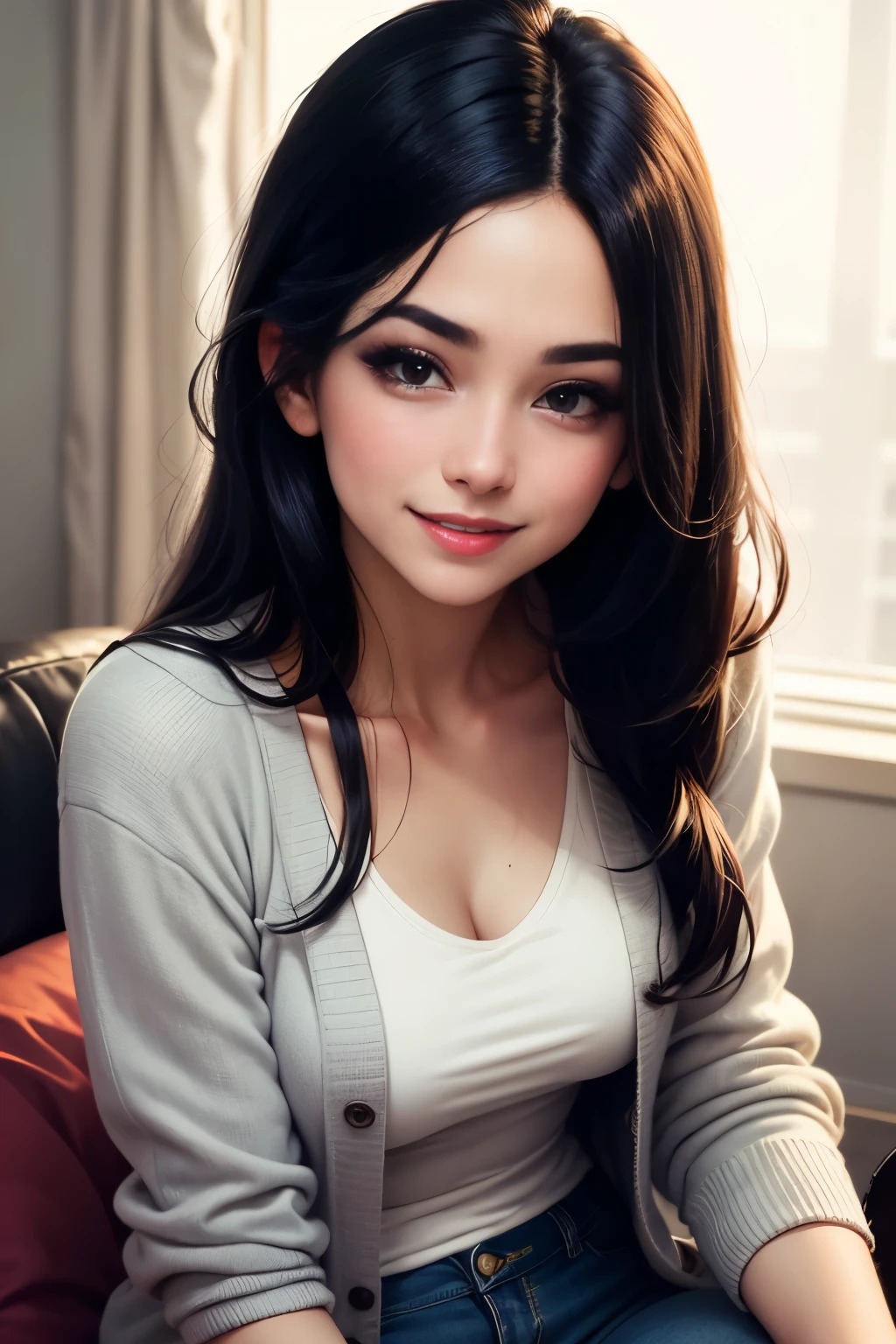 Amazing portrait of a sexy woman wearing her long straight luscious black hair, seductively gazing and smiling, soft lips, parted, blushing intensely, smiling, white t shirt, grey cardigan, baggy jeans, medium chest, perfect body