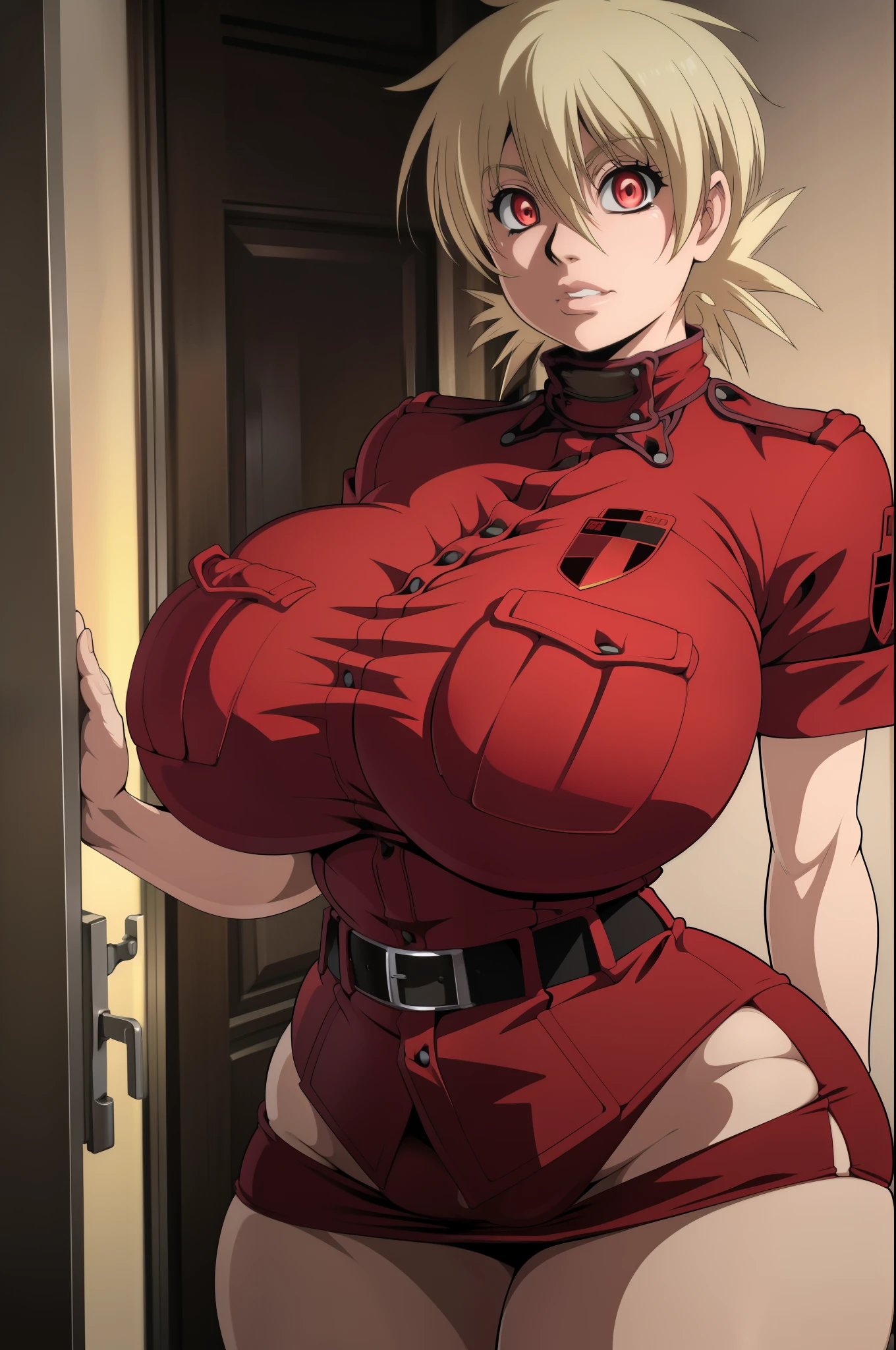 High resolution, Hellsing Ultimate art style, Seras Victoria, 1girl, ((bimbo))), short blond hair, red eyes, puffy lips, thick lips, wide hips, thick thighs, enormous fake breast, huge ass, contempt face, tight police uniform, red skirt, breasts squeezed together, night time, swollen breasts,
