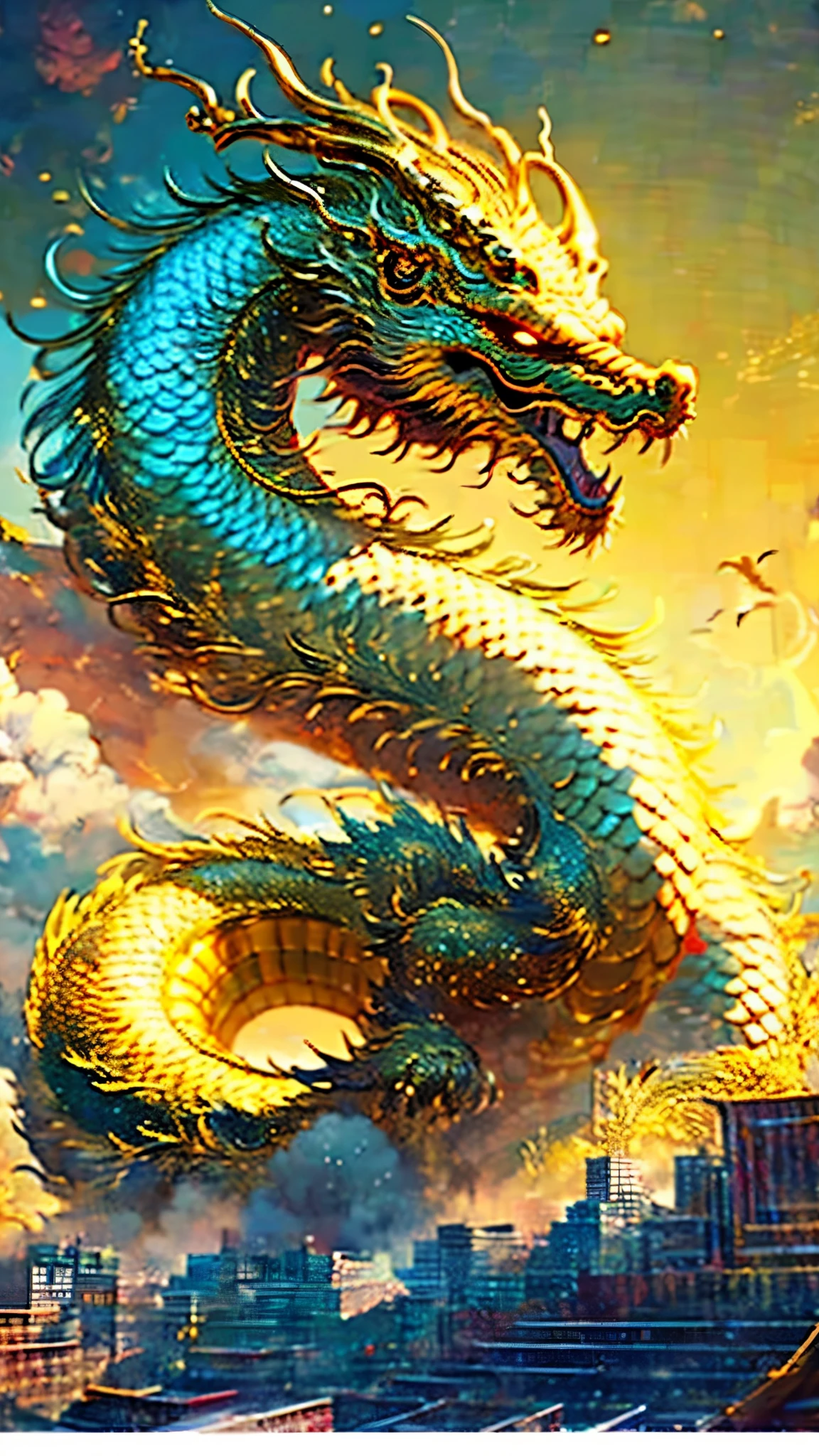 masterpiece, Highquality, 8K,((The whole body is a golden dragon god)), Ryujin dancing in the golden sky, (There are no people), (There are no humans), There is no building,A huge dragon god, A world view that sparkles in gold.