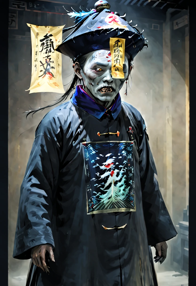 A tall black terrifying Qing Dynasty zombie man wears zombie_hat and huangfu paper on the forehead in the middle of the face , its both hands is up without loincloth and with the black Official uniform of a mandarin from Qing dynasty which jiangshi are usually portrayed wearing (stills:1.5), (poster:1.5), (Ink painting and watercolor:1.5),(actual),((masterpiece), (best quality), super high resolution, Excellent details, dramatic lighting, high resolution, 8k, ridiculous,Chinese building, Chinese tower, obsolete , (Chinese_clear_zombie:1.5),The color palette is dark and ominous, Create an atmosphere of fear. The overall composition reflects the ink elements of Asian horror posters and traditional Chinese aesthetics , (Delete Exclude without no Japanese and no Korean styles).