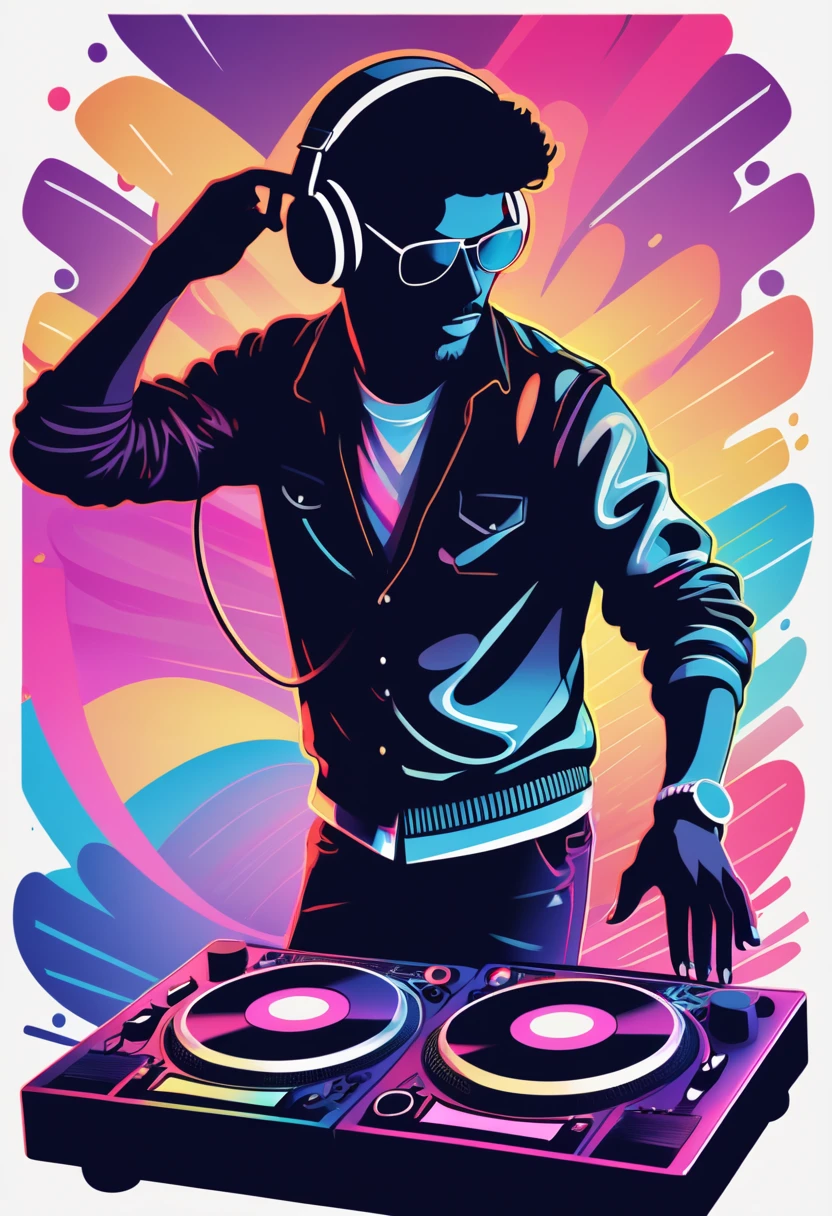 (best quality,highres:1.2),silhouette of a retro DJ on a 80's disco,colorful background,Vaporwave Aesthetic style and zentangle style,blurred,zentangle style,black,brown, crunch it, make it outstanding, the best emotive silhouette ever, sparkles, musical explosions, flying musical notes, magical, thanks. By Tupu...lol...