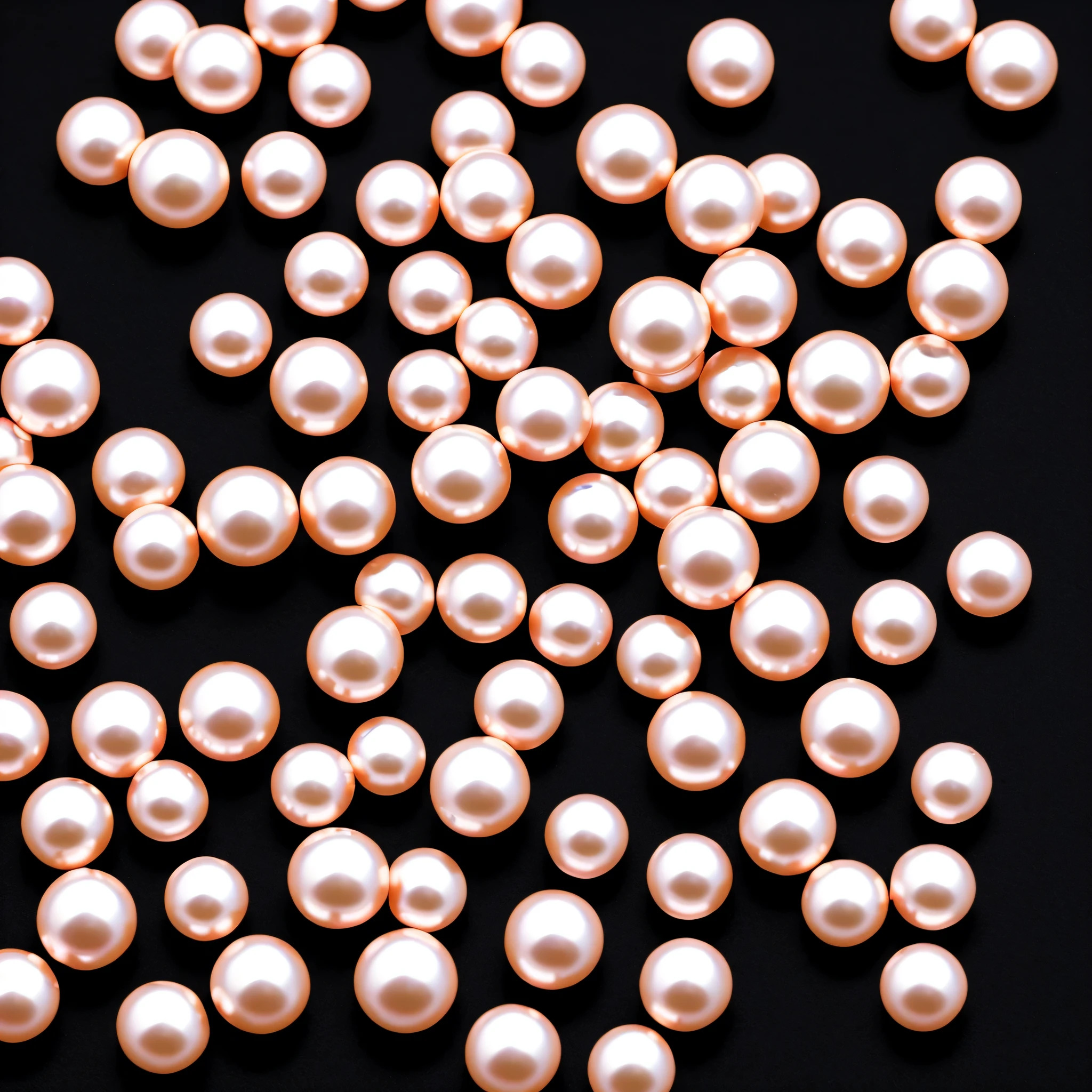 much pretty, pink pearls ,perfect, various pearls, on a( black,dark backgorund). clean background, only pearls, no jewelery, spilled out pearls,