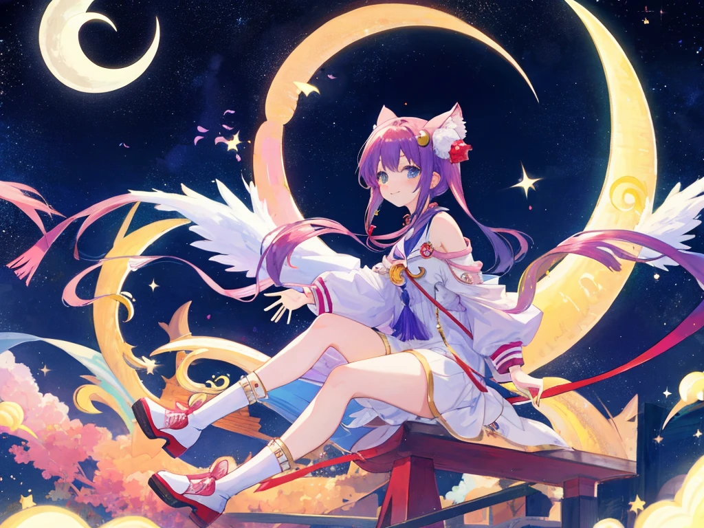dream、A cute  sitting on a model of a large crescent moon、An illustration、anime、
