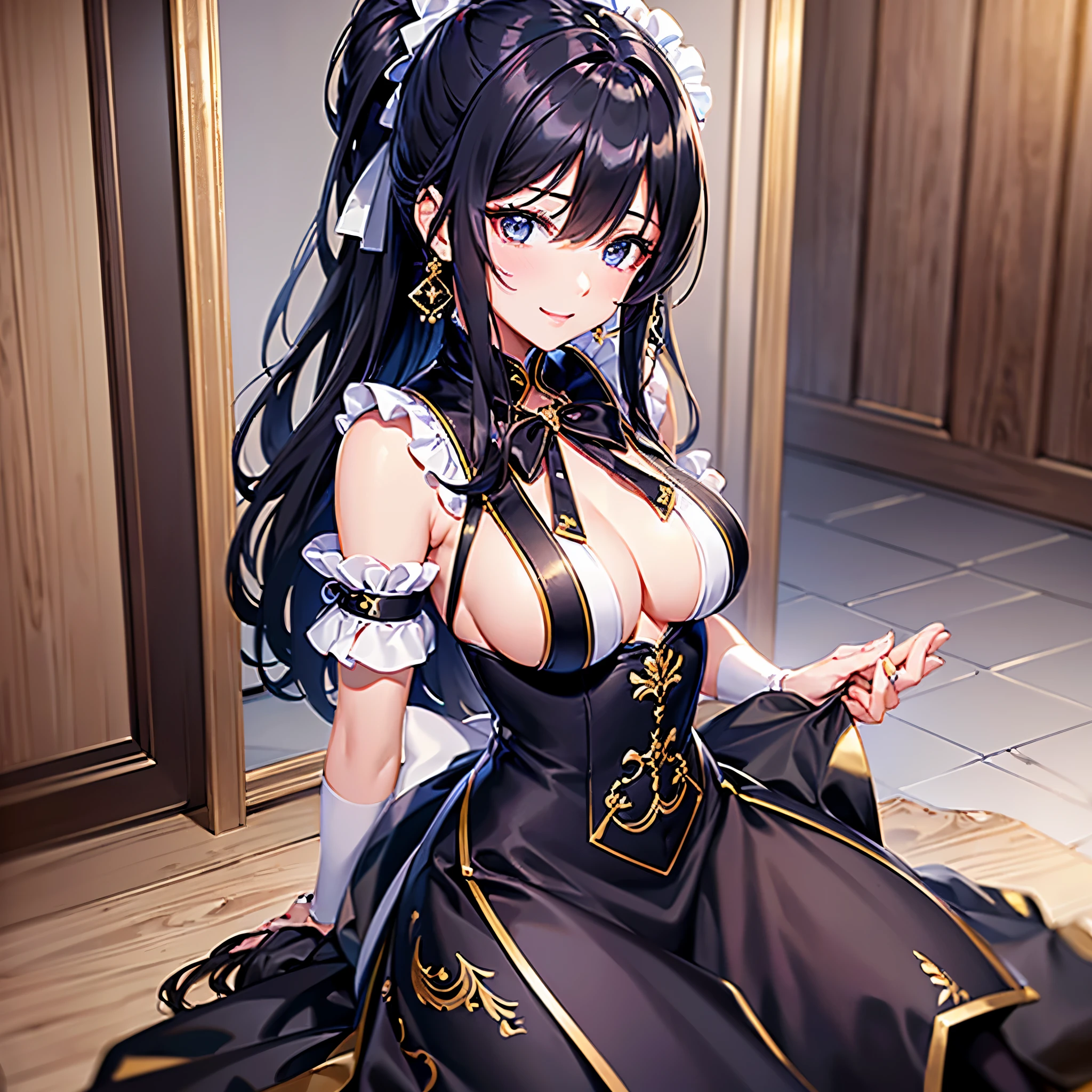 ((highest quality)),(ultra high resolution),(Super detailed),(detailed description),((best CG)),(best work of art),super precision art,great drawing art,(Art with precise details:1.5), (1 woman:1.5),maid:1.5,Beautiful face 1.5,natural makeup:1.6,full of confidence々the smile of:1.4,(long black hair with luster:1.4,ponytail:1.4),(非常に緻密で詳細に描写されたmaid服:1.6,Circular skirt:1.4), luxurious interior:1.6